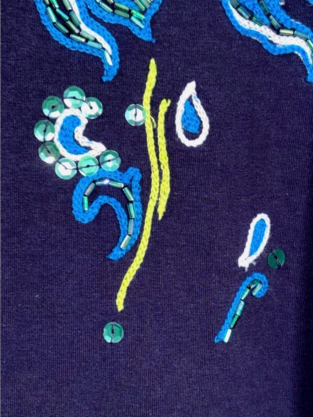 Chico’s Beaded Sequin Fish Top Blue Coastal Embroidered 3/4 Sleeve Size 2 US L - Picture 6 of 13